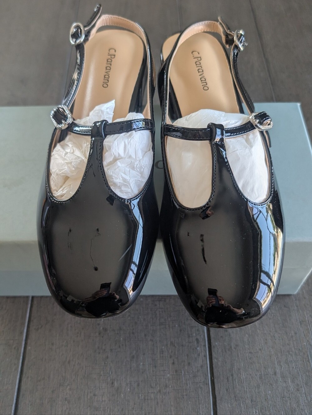 Caparros Black Patent T-Strap Sandal Flats